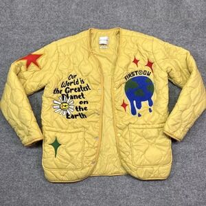 First Row Jacket Mens Small Yellow Quilted Snap Front Planet Graphic FRJ2012
